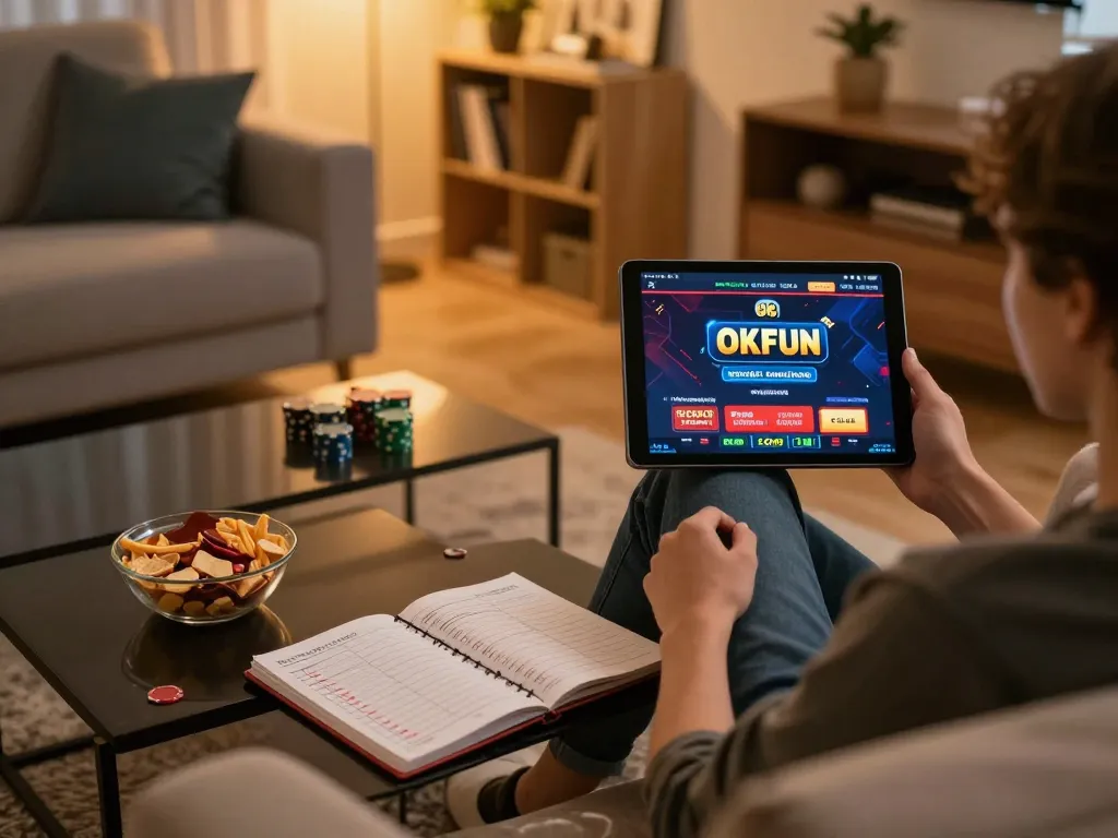 Engaging in OKFUN online casino gaming from a cozy home setting with a tablet and strategic notes.