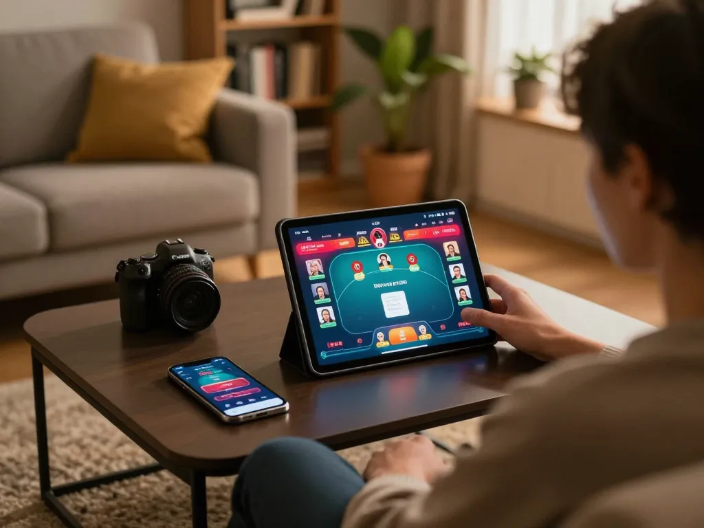 Engaging online poker game experience on a tablet at home, highlighting pokerseri's competitive gameplay.