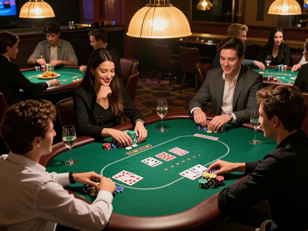 Join a casino adventure by registering for exciting poker games with friends around a vibrant table.