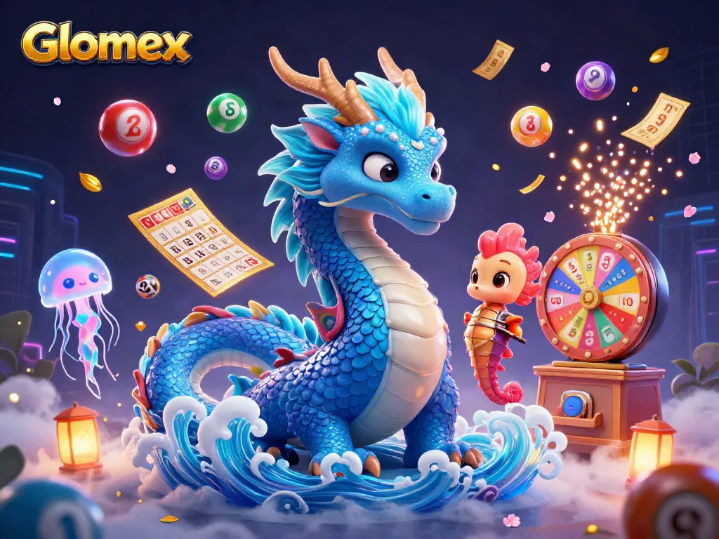 Win exciting prizes with Glomex in this vibrant lottery-themed illustration featuring dragons and jellyfish.