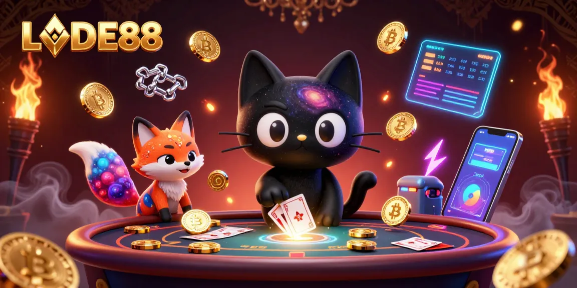 Engage with LODE88's cosmic adventures featuring a black hole cat and a nebula fox amidst digital gaming elements.