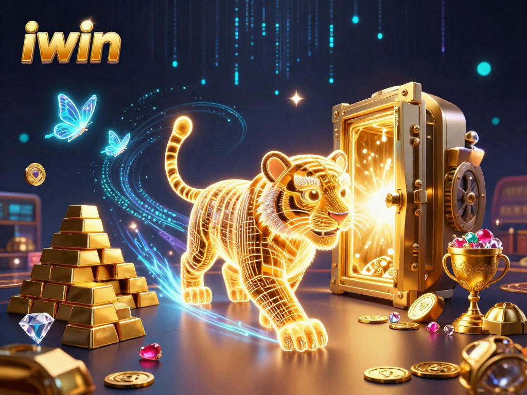Iwin unleashes excitement with a golden tiger roaming a dynamic casino landscape filled with treasures.