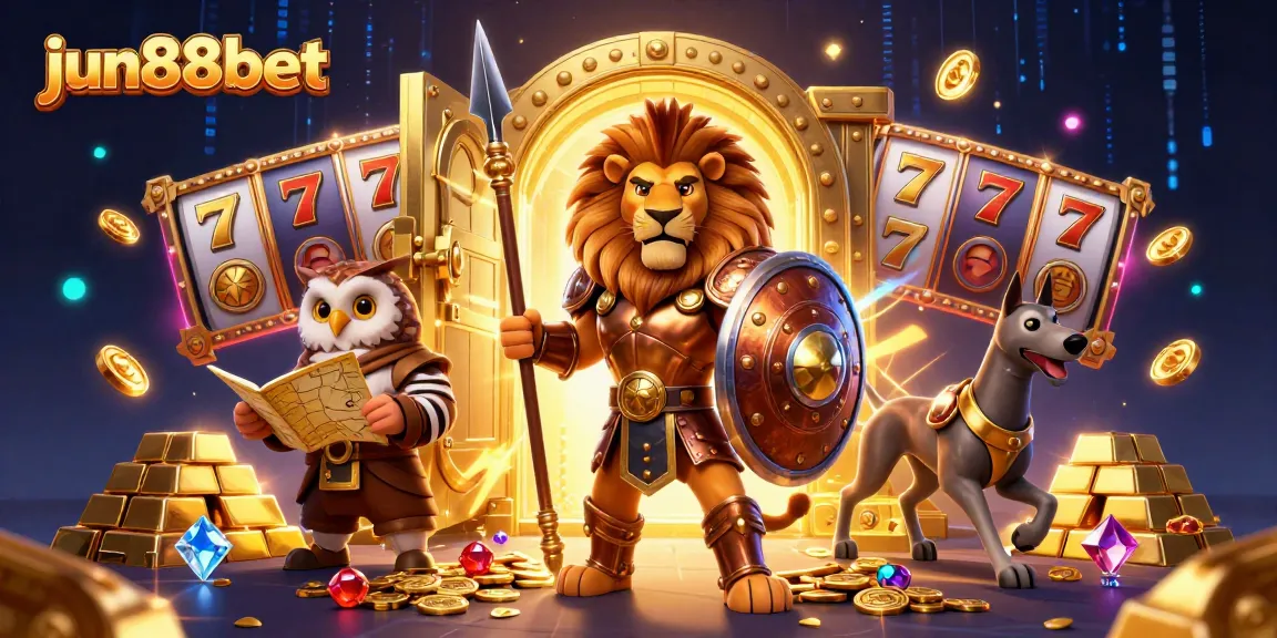 Engage in thrilling slot games with jun88bet, featuring a dynamic 3D cosmic scene filled with treasures.