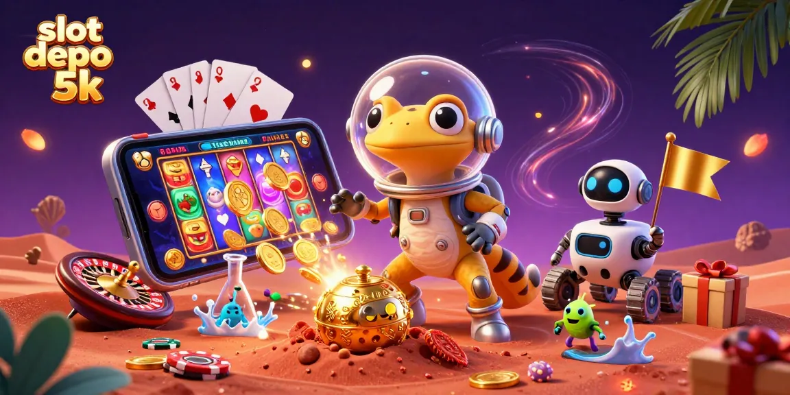 Experience the excitement of slot depo 5k as the Martian gecko uncovers a hidden casino in this vibrant illustration.