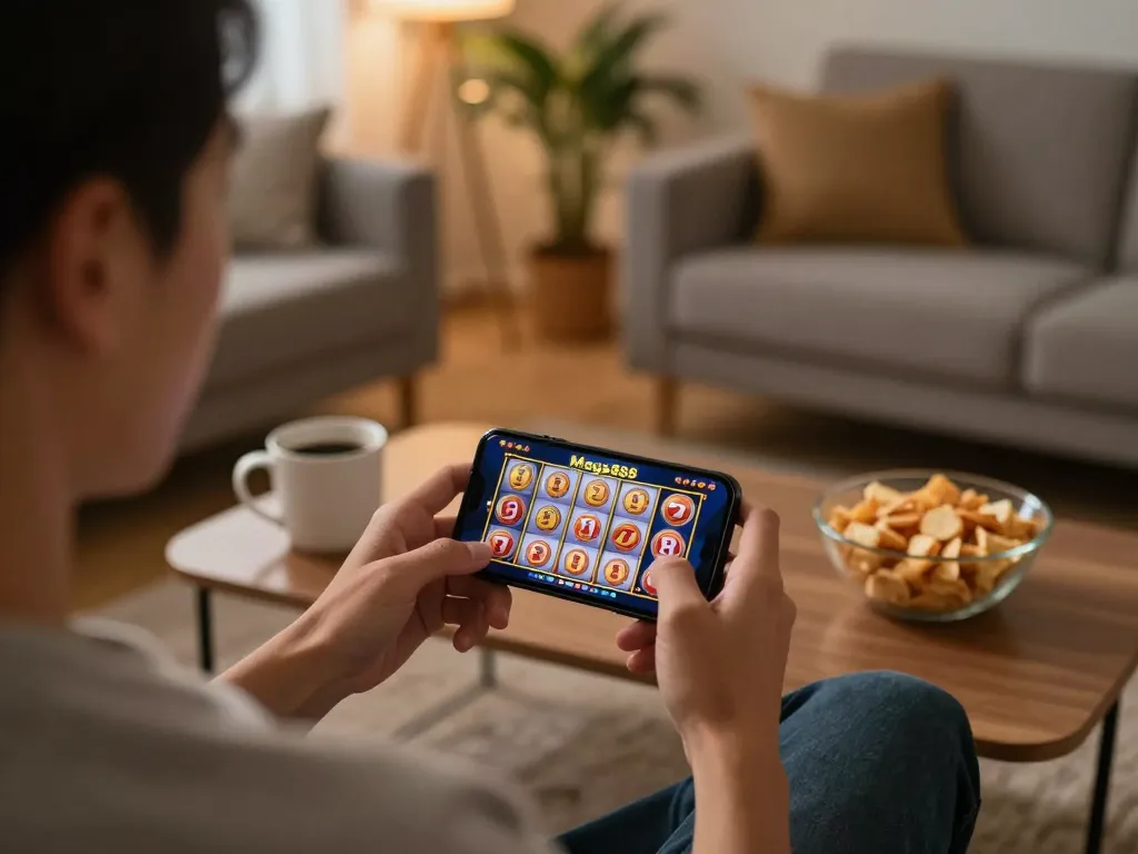 Learn more about Mega888 gameplay while enjoying a cozy night at home, with engaging mobile slots interface.