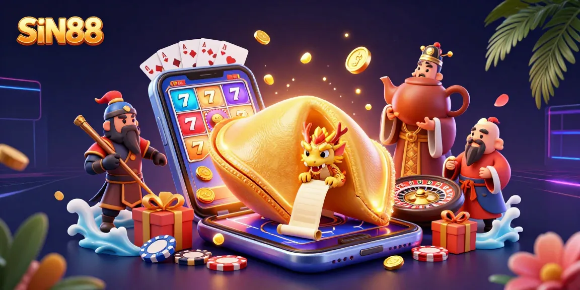 SIN88 showcases an innovative 3D casino scene with a fortune cookie and dynamic gaming elements.