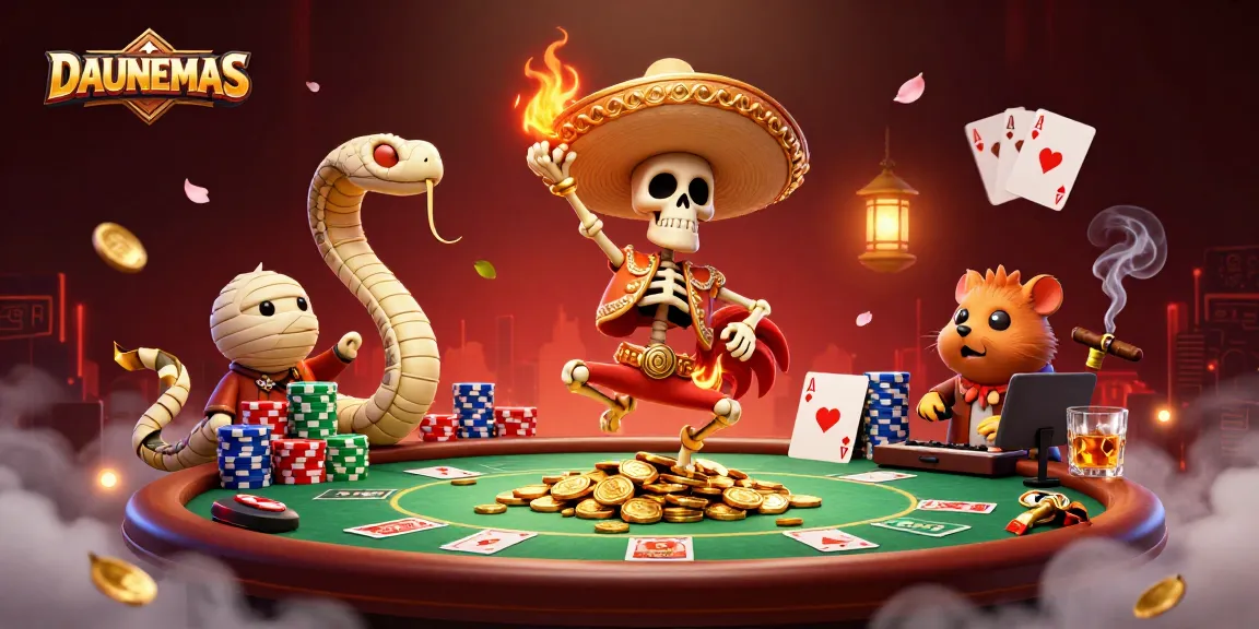 Experience the thrill of DAUNEMAS through a vibrant 3D casino illustration featuring dynamic gambling elements.