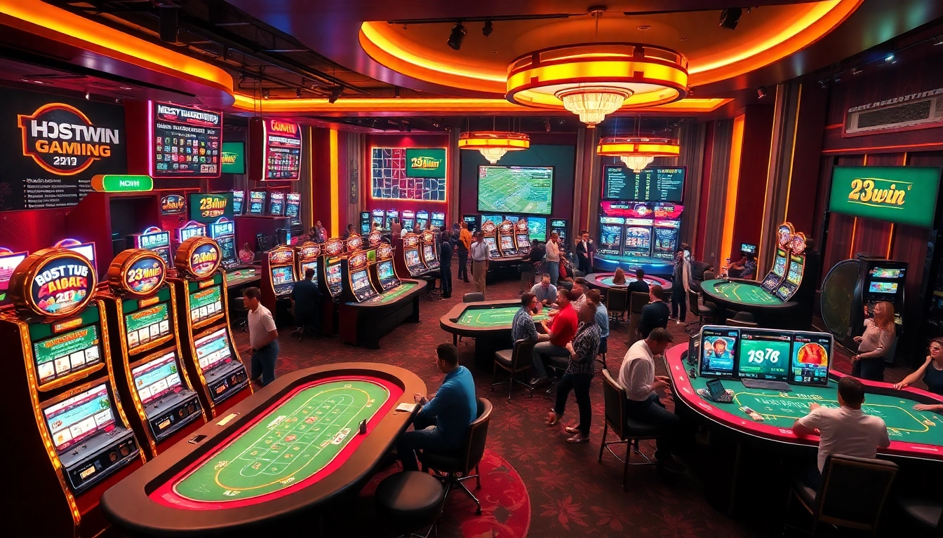 23win online casino featuring a vibrant gaming atmosphere with players engaged in various games.