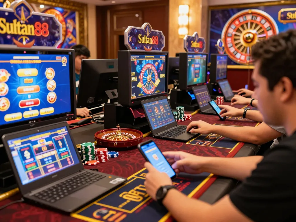 Excited players engaging with Sultan88 online gaming interface on multiple devices in a vibrant atmosphere.