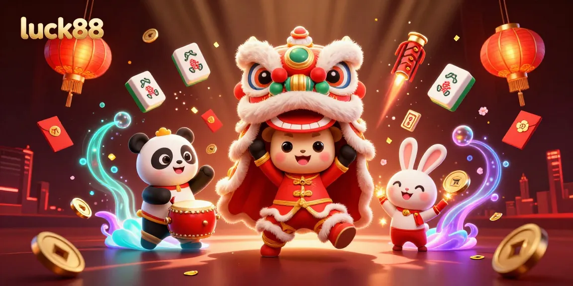 Spin and win jackpots in an energetic luck88 casino scene featuring lion dance, panda, and vibrant game elements.
