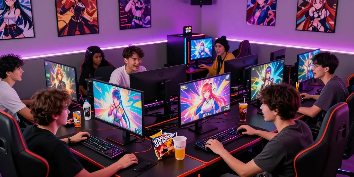 Group playing hentai games on colorful gaming setups with snacks.