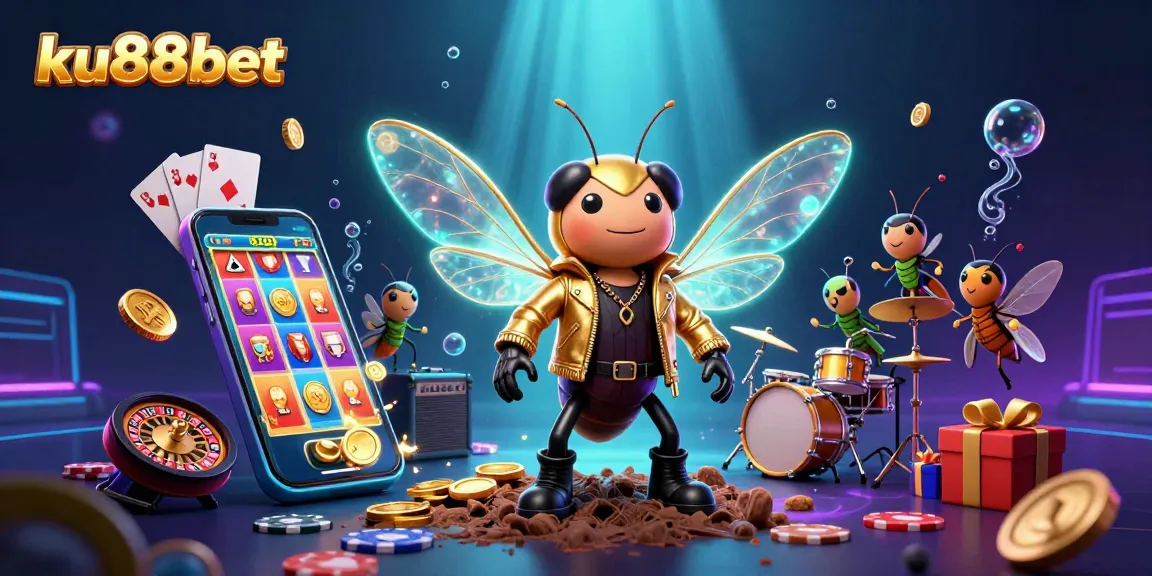 Experience the excitement of ku88bet with a vibrant scene featuring a cicada rock star and dynamic casino elements.
