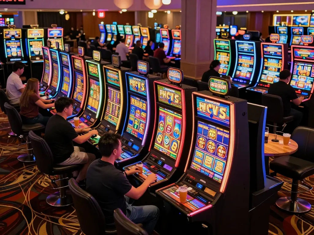 Players celebrating wins on nổ hũ slot machines in a lively casino atmosphere.
