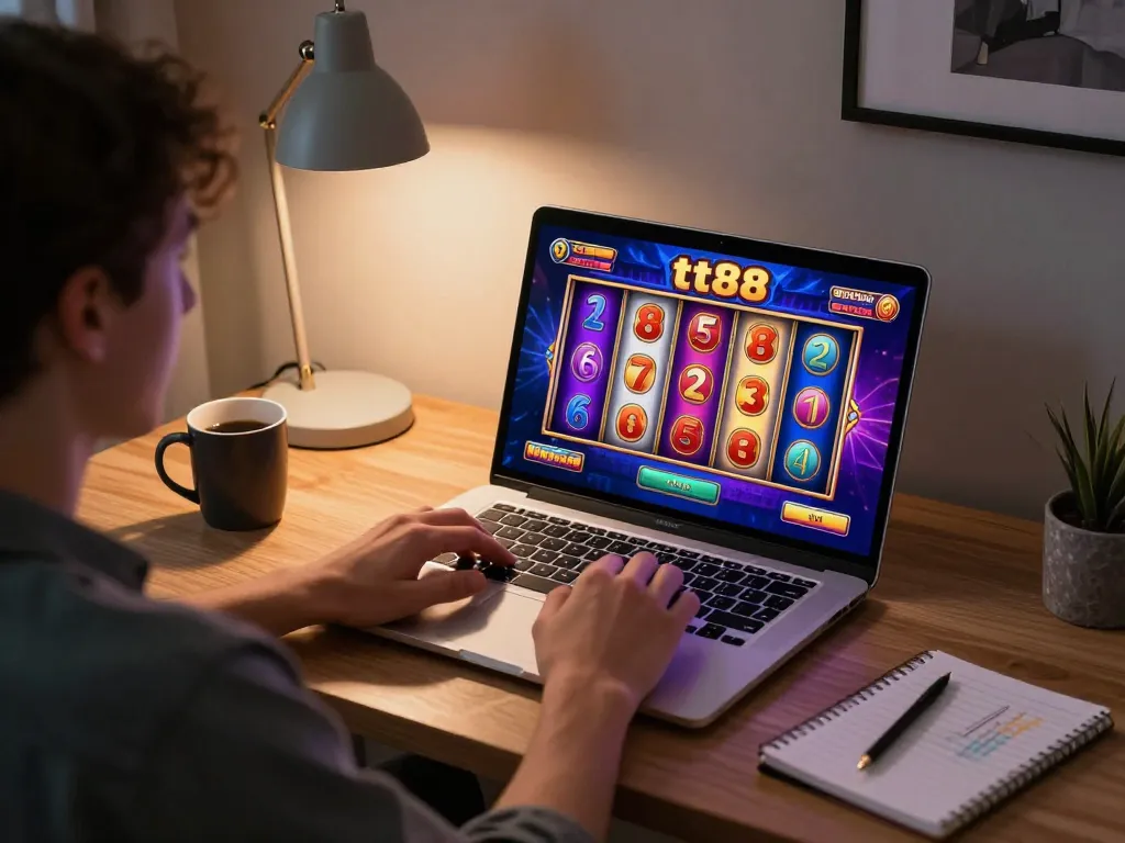 Play slots at tt88 from a cozy home office, engaging gameplay visible on laptop screen