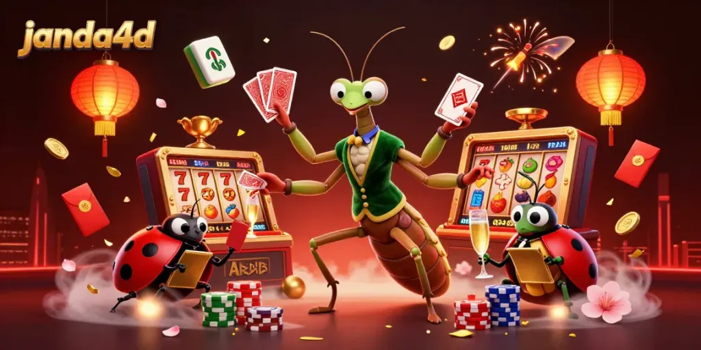 Menghadirkan janda4d dengan simbol jackpot, karakter 3D unik dalam suasana kasino yang meriah.