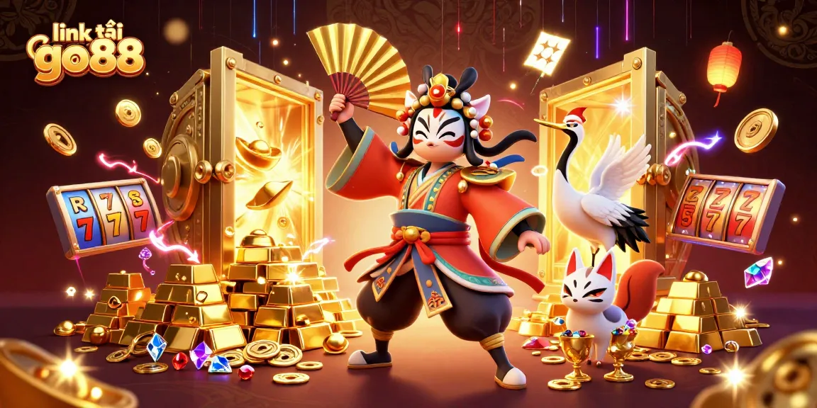 Immerse in the thrill of gaming with the vibrant link tải go88 illustration featuring kabuki elements and dazzling treasures.