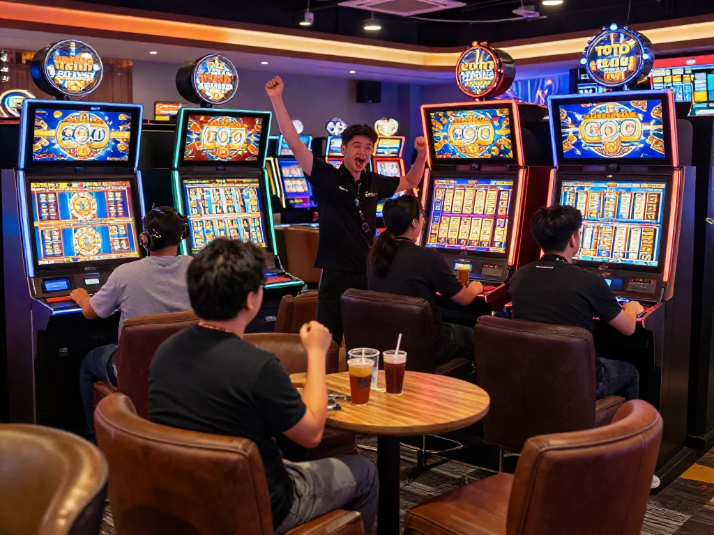 SLOT TOTO players enjoying vibrant gaming experience in a modern lounge.