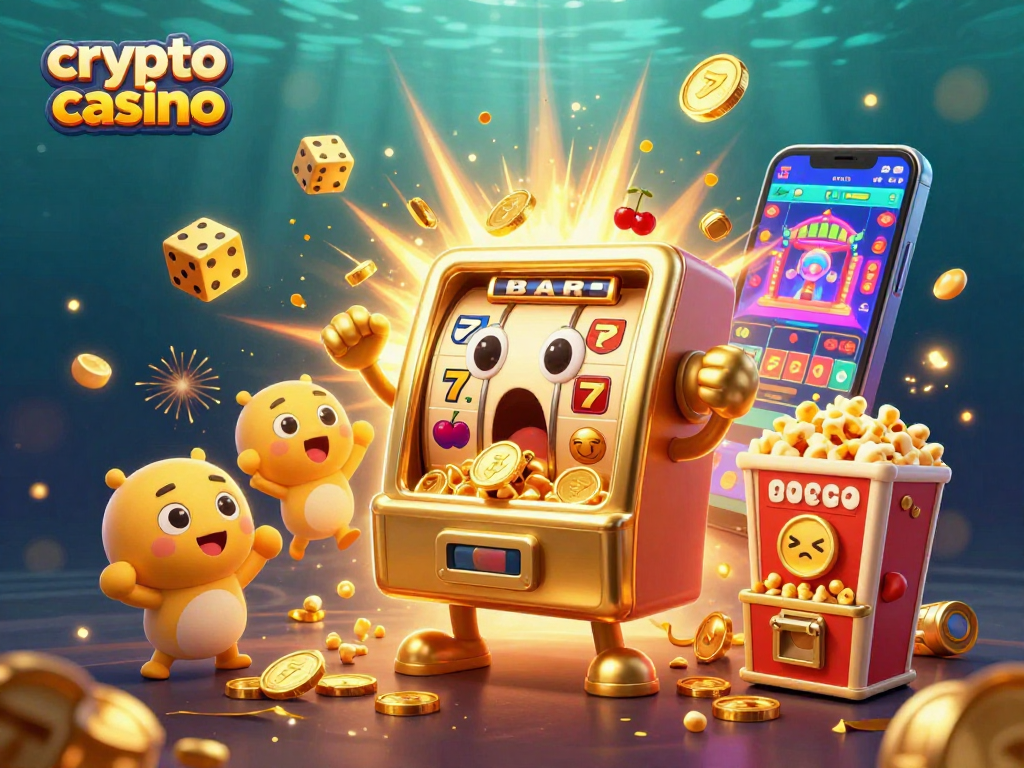 Engaging scene of a crypto casino with a joyful golden slot machine celebrating a jackpot, surrounded by baby slots and dynamic elements.