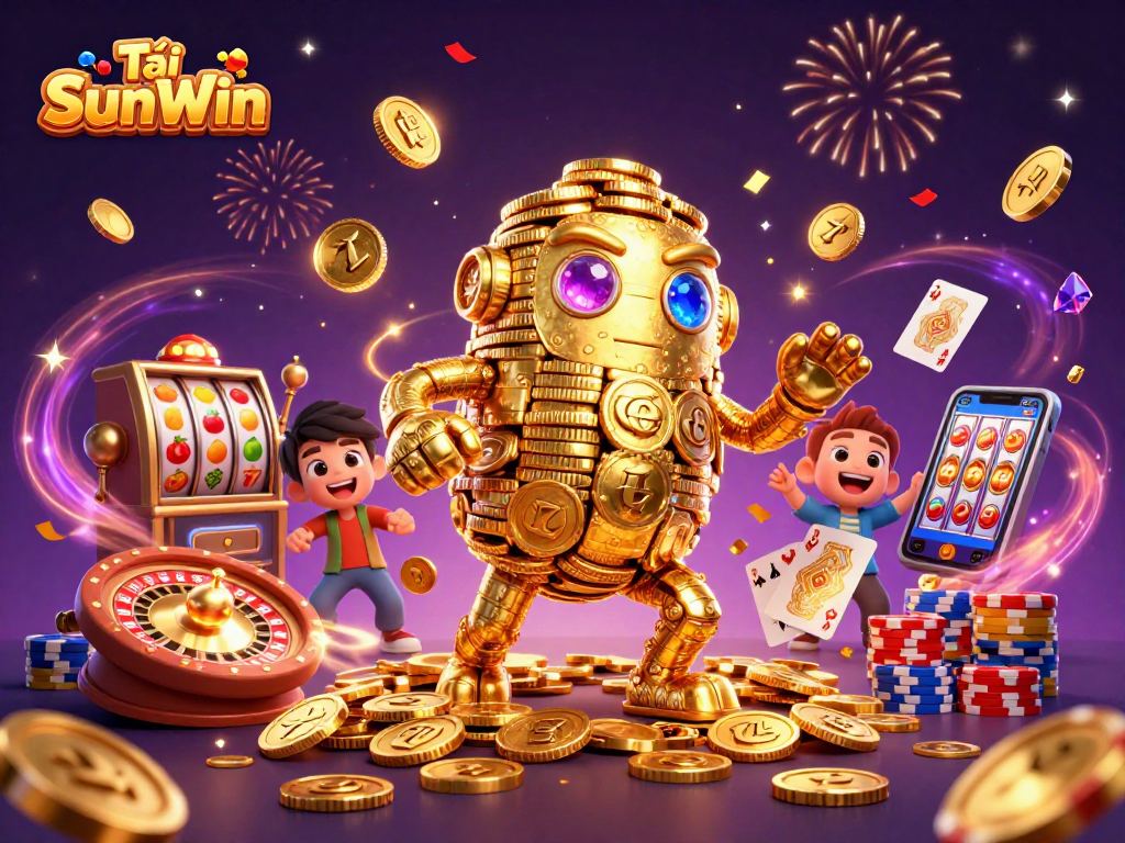 Tải SunWin showcases an exciting 3D casino scene featuring a golden golem, slot machines, and sparkling gems.