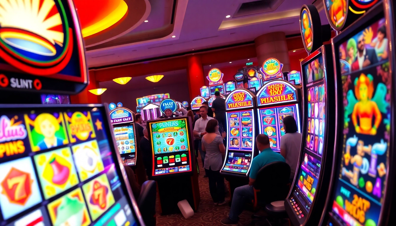 Engaging RTP slot machines in a vibrant casino environment eliciting excitement and enjoyment.