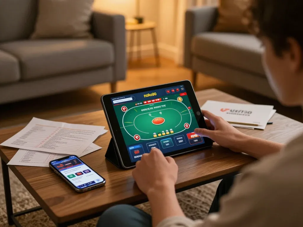 Engaged player using nohu90 app for online casino gaming on a tablet in a cozy living room setting.