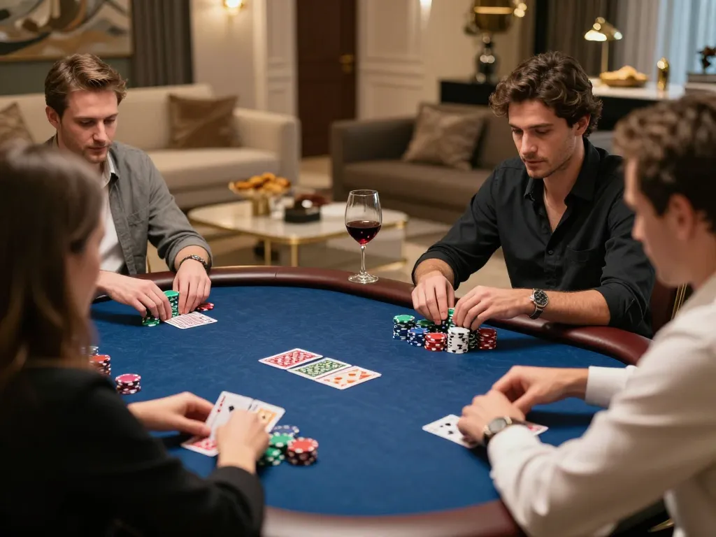 KADAL778 players engaged in competitive home poker game with plush decor and focused atmosphere.