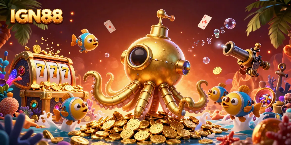 Experience the thrill of IGN88 with a golden kraken submarine amidst treasure and slot elements.