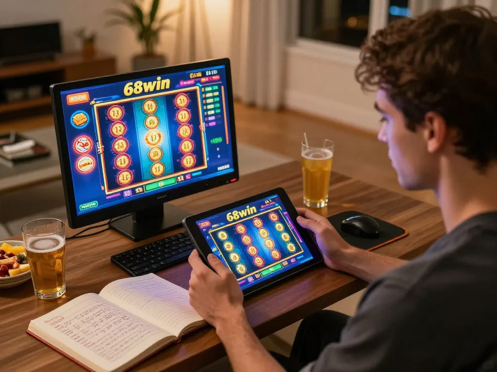 Player enjoying an exciting slots game on 68win tablet while surrounded by snacks and strategies.