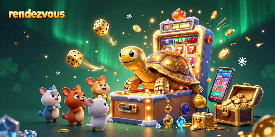 Rendezvous menangkan jackpot dalam permainan kasino, dengan mesin slot dan karakter lucu.