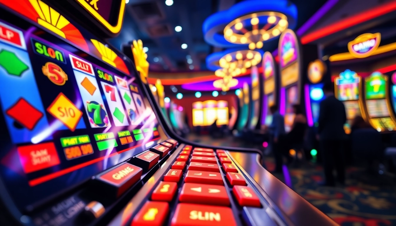Menang pada slot yang berkilauan di casino dengan suasana meriah dan lampu berwarna-warni.