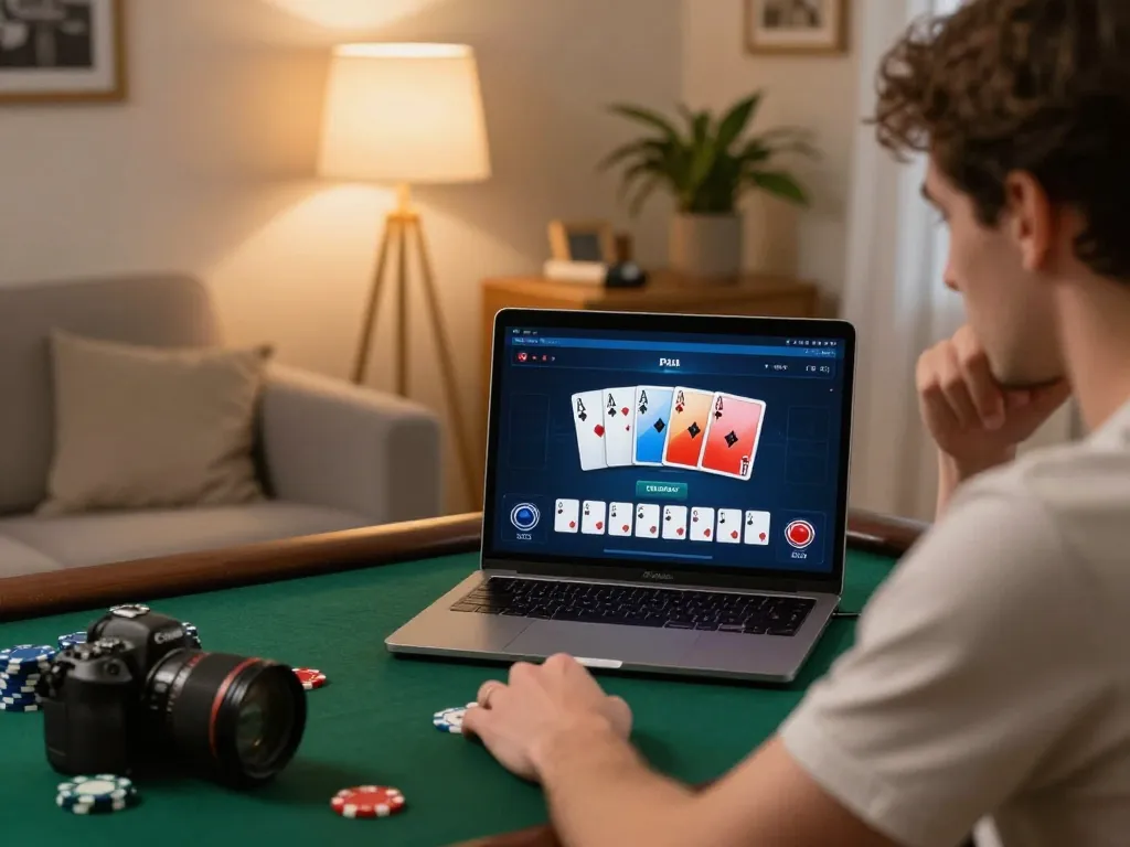Engaging poker online gameplay with player focused on laptop screen in cozy home setting.