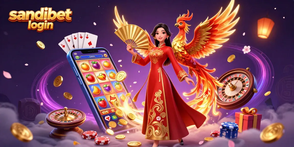 Masuki dunia sandibet login dengan visual seorang wanita anggun dan phoenix di tengah elemen emas dan permainan.
