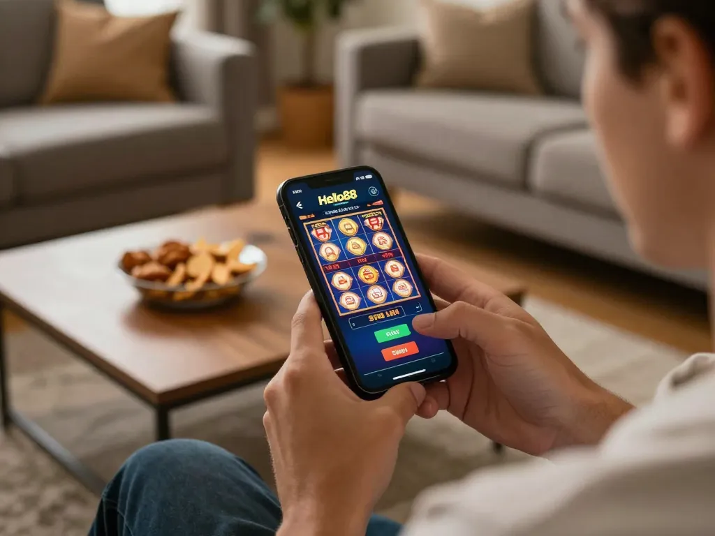 Hello88 mobile app gaming session with a player engaged in thrilling action in a cozy setting.