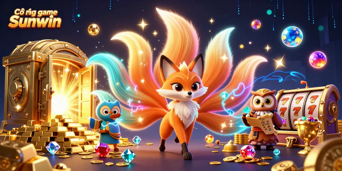 Cổng game Sunwin offers an enchanting 3D digital casino scene with vibrant characters and dazzling treasures.
