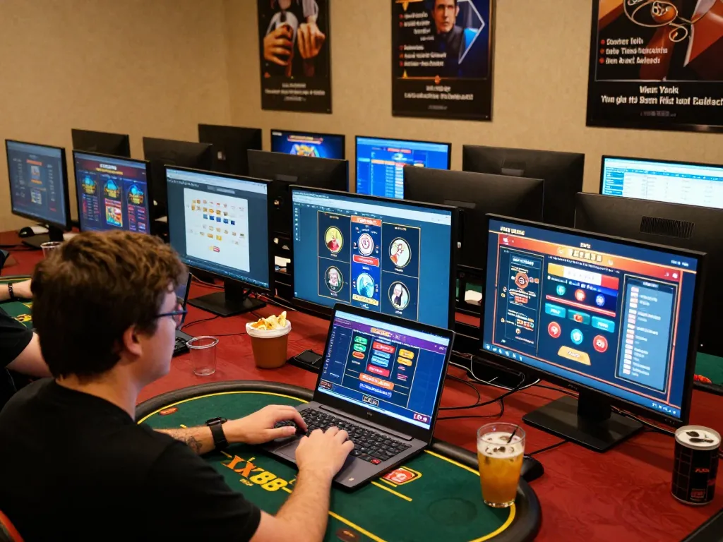 Player engaging in XX88 themed poker at a well-organized online gaming setup with multiple screens.