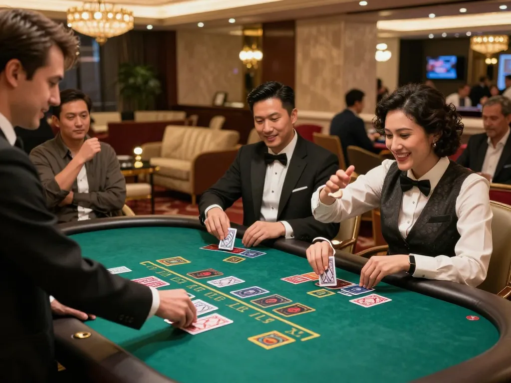 Players at VIPWIN blackjack table enjoying strategic gameplay in an upscale casino