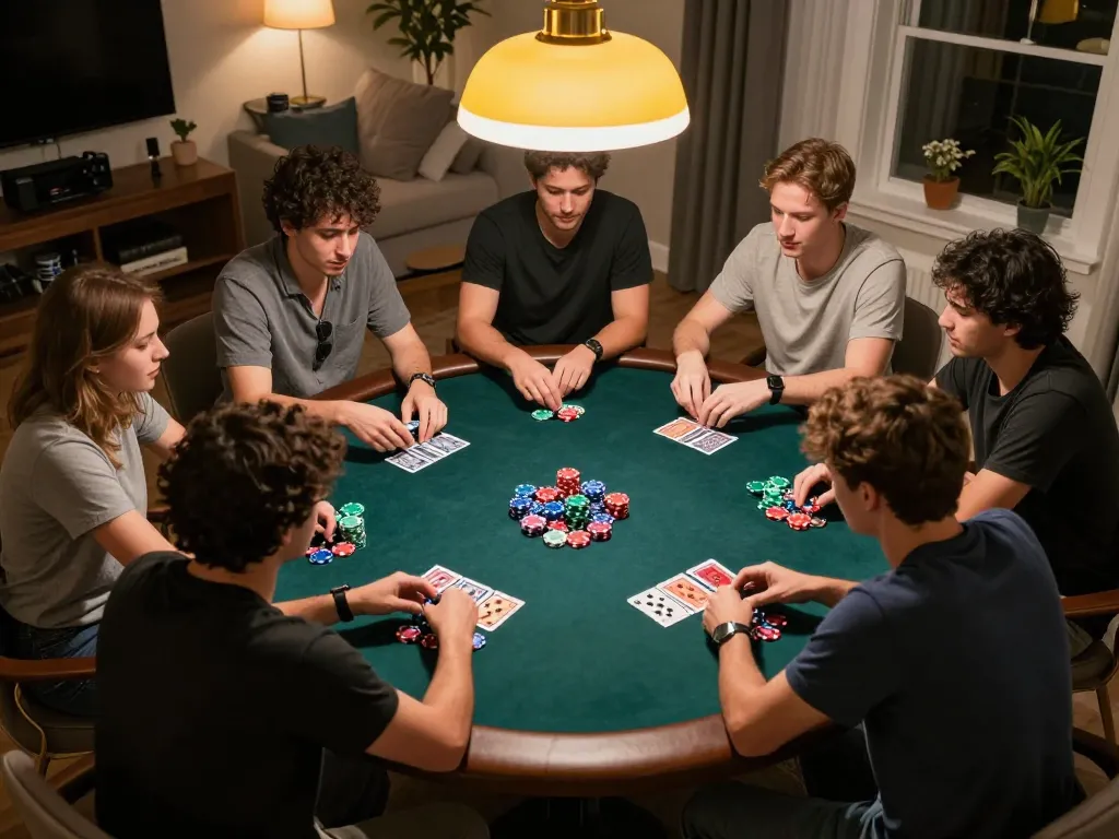 SBOBET players enjoying a lively Texas Hold’em poker night at home with friends.