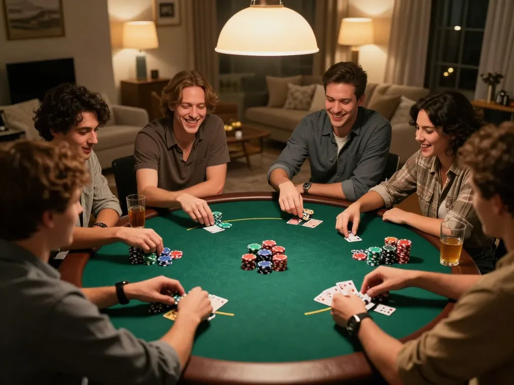 Friends enjoying a poker game at home with lively interaction, showcasing the LV88 casino experience.