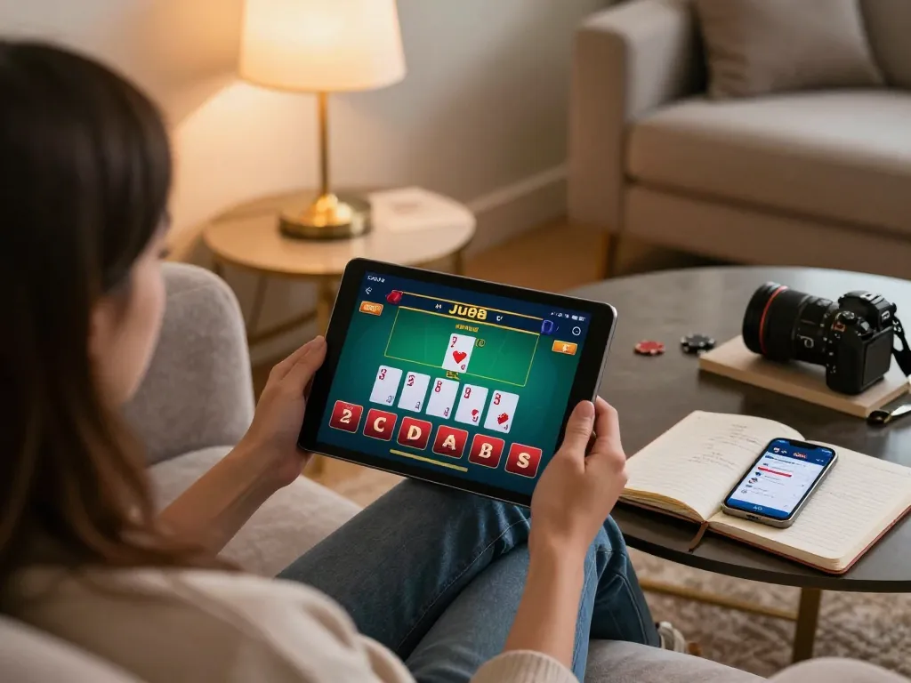 Player using Jun88 app for blackjack on tablet in cozy living room atmosphere.