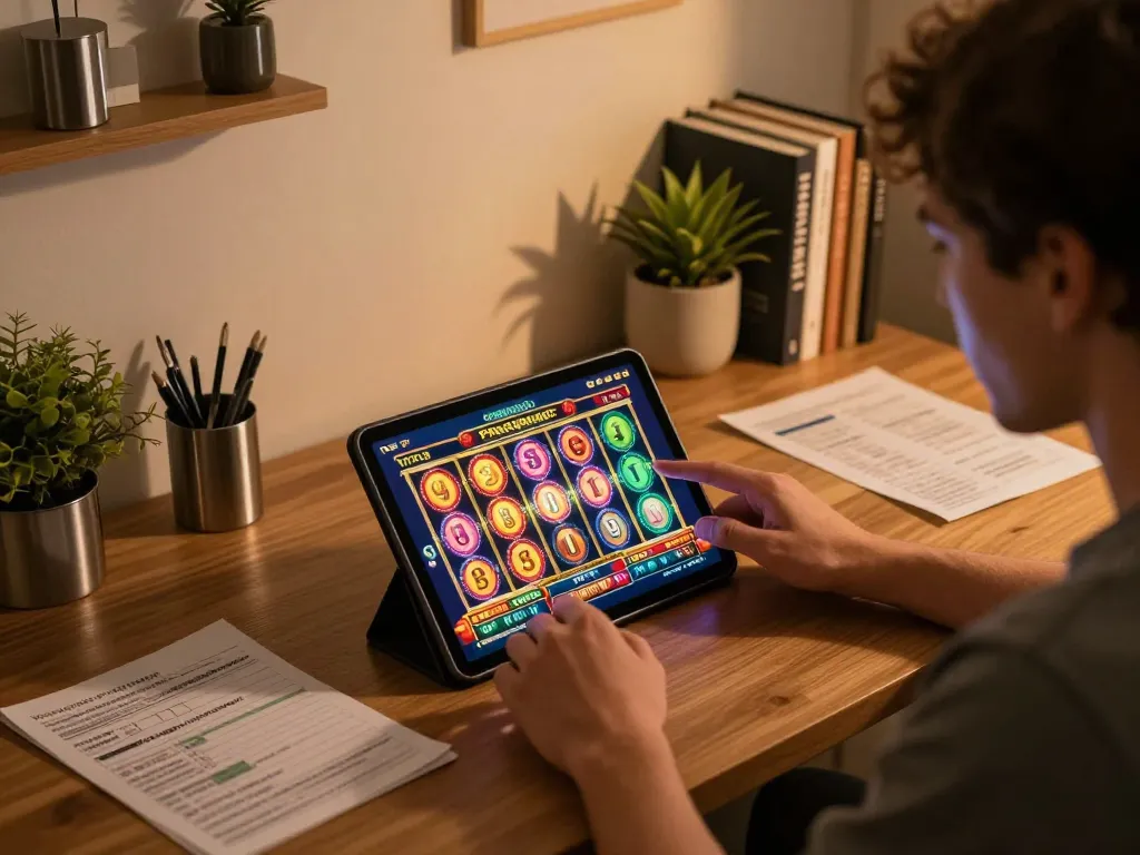Player enjoying a Pragmatic Slot game on a tablet in a cozy home environment illuminated by warm lighting