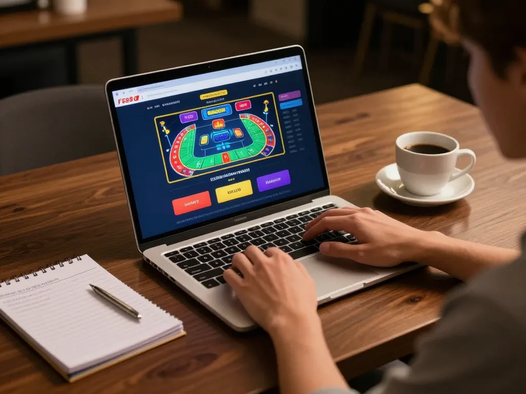 Betting on F88bet platform using a laptop with vibrant casino game interface visible.