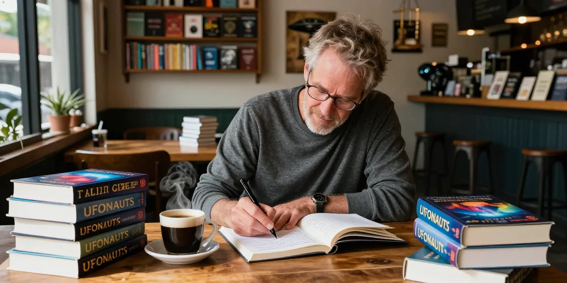 T Allen Greenfield writing at a café, illustrating spirituality and UFOs from https://tallengreenfield.com, with his book UFOnauts open beside him.