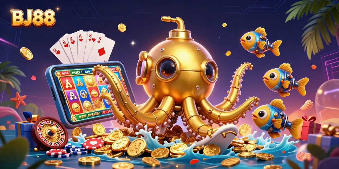 Engage with BJ88's thrilling casino experience featuring an imaginative kraken submarine amidst golden coins and vibrant gaming elements.