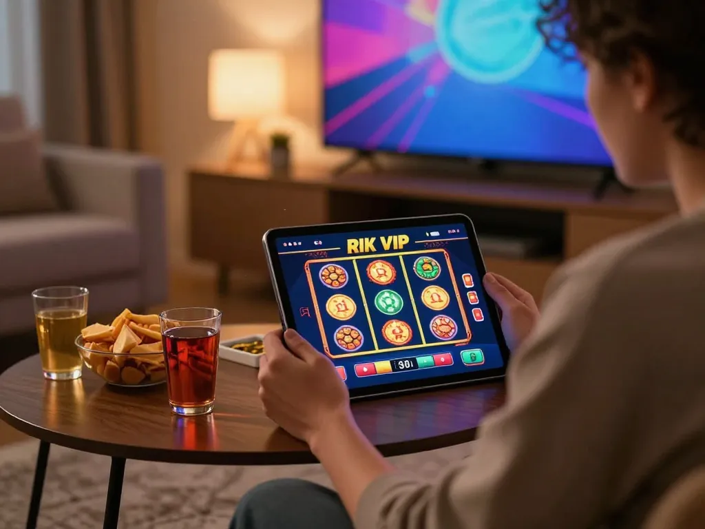 Player engaged in rik vip slot game on tablet in cozy home setting, vibrant colors and warm lighting.