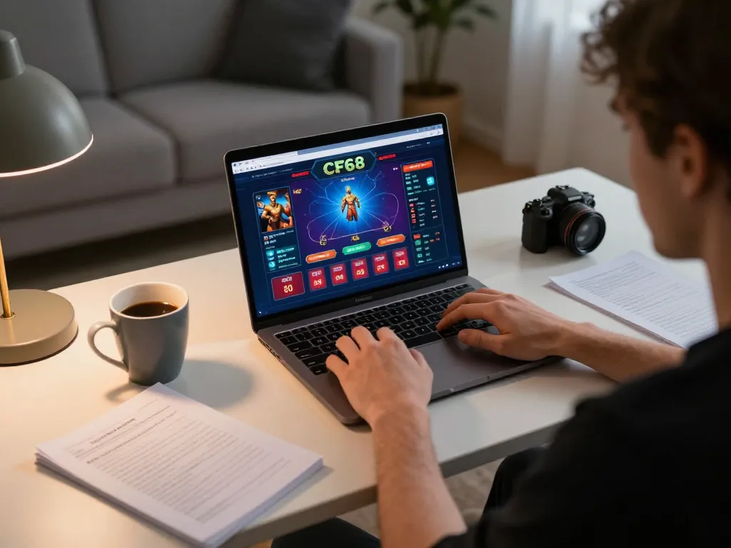 Engaging with CF68 online casino from a cozy home setup, showcasing immersive gameplay.