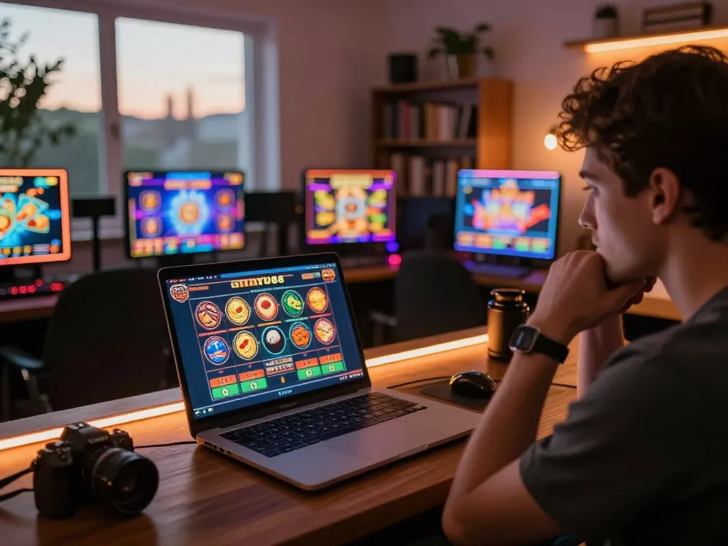 Pemain berinteraksi dengan slot online aman788, menganalisis antarmuka permainan dalam pengaturan permainan yang nyaman.