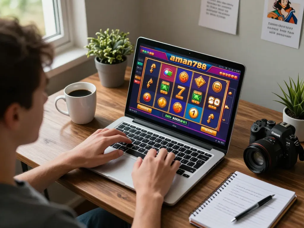 Bermain slot berwarna-warni di aman788 dari meja kerja yang nyaman, menampilkan antarmuka permainan dan catatan strategi