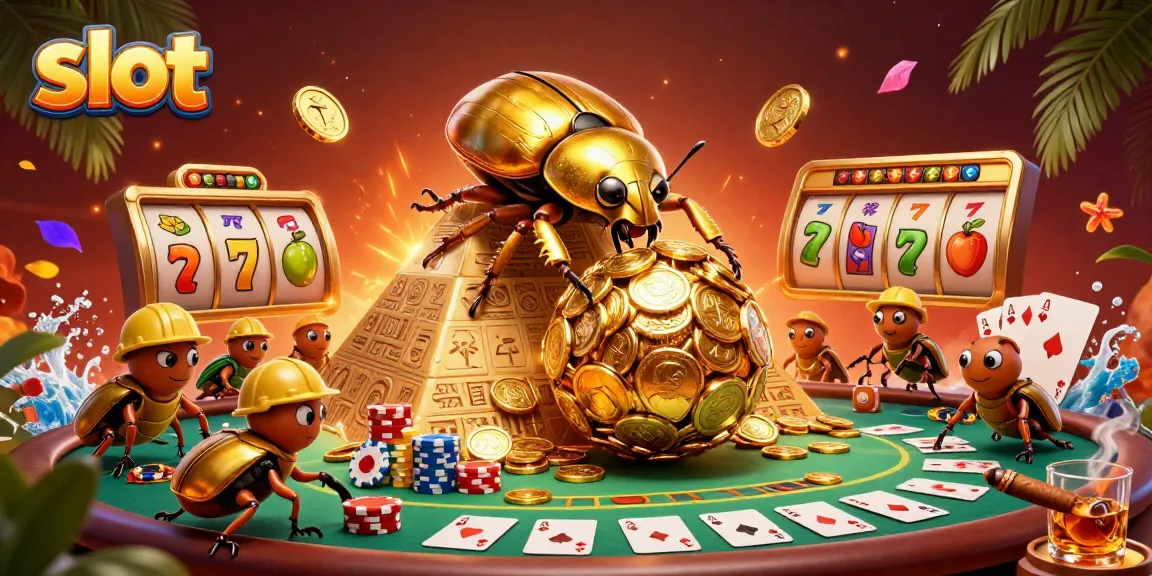 Experience engaging slot action with golden beetles, coins, and vibrant casino elements.