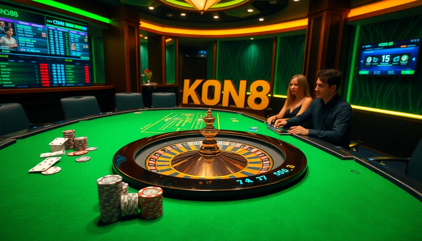 KONG 88 gaming table showcasing vibrant poker chips and an elegant roulette wheel under ambient lighting.