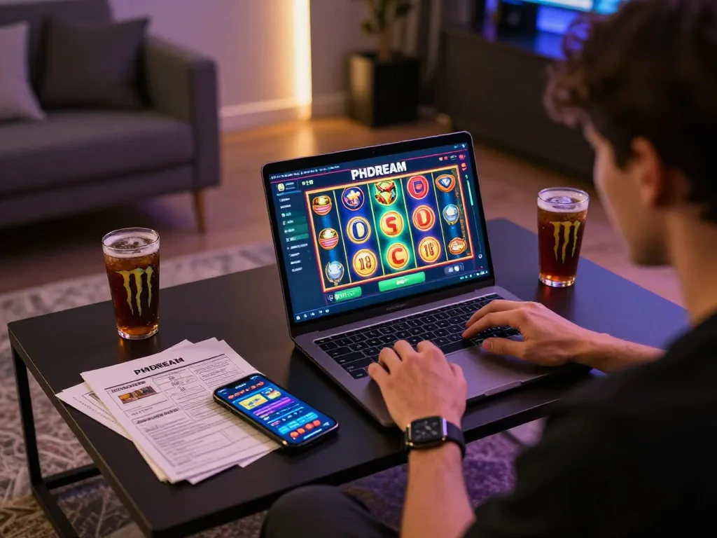PHDREAM6268 online gaming setup with a person focusing on a laptop, showcasing vibrant slot games and strategic notes in a cozy atmosphere.